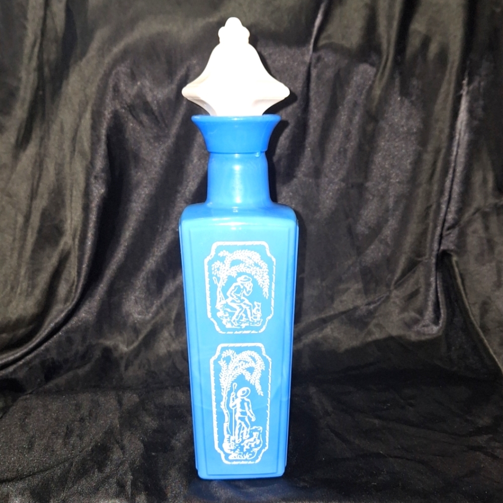 Vintage 1965 Jim Bean Whiskey Decanter W/Stopper~Blue Milk Glass~Shepherd & Dog